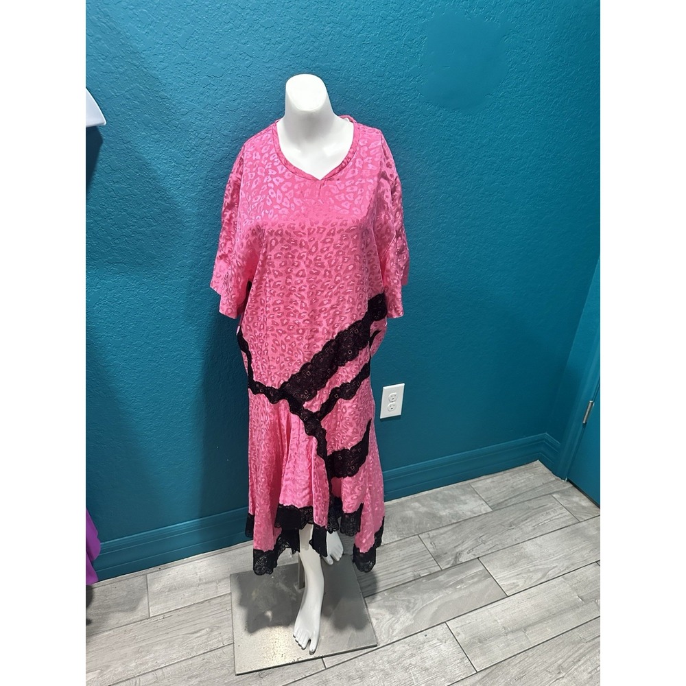 Koche Pink Leopard Print With Black Lace Asymmetrical Dress 40